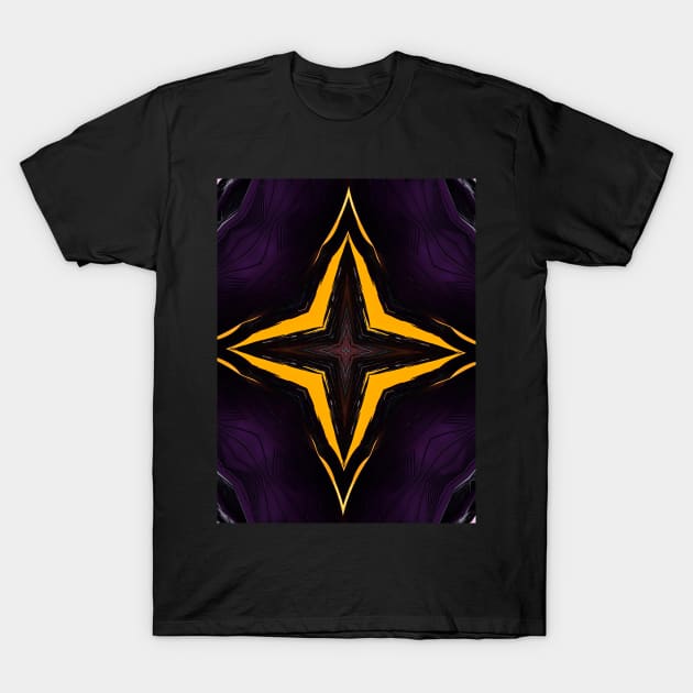 Mystical cross on a dark purple background mystical image different signs. Yellow neon sparkls. T-Shirt by Pink Dessert